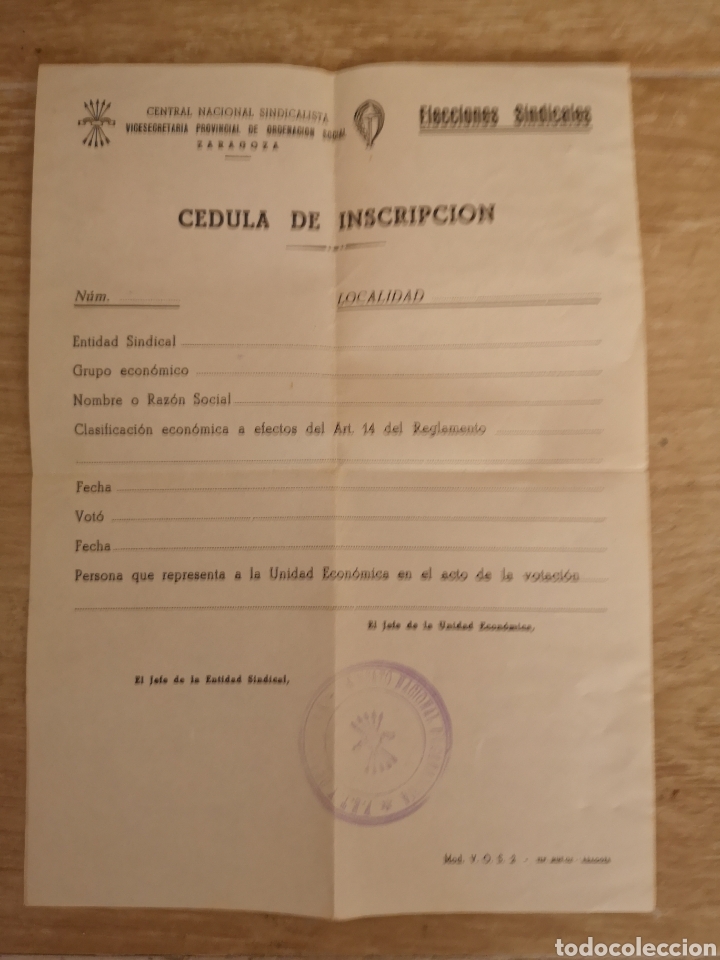 Militaria: CEDULA DE INSCRIPCION ELECCIONES SINDICALES, 1940's, Zaragoza, en blanco y cu&ntilde;ado