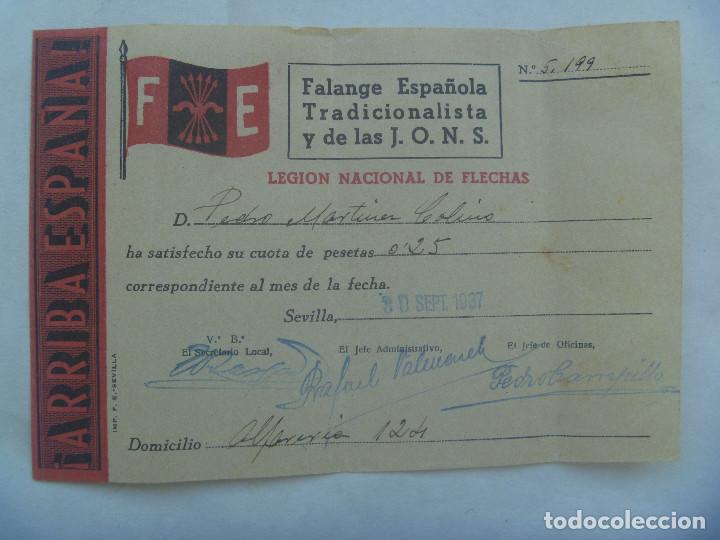 Militaria: GUERRA CIVIL - FALANGE : RECIBO CUOTA LEGION NACIONAL DE  FLECHAS . SEVILLA, 1937