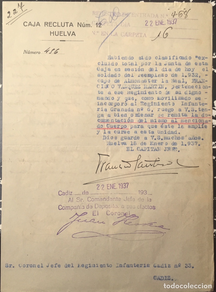 Militaria: 1937, HUELVA, GUERRA CIVIL, DOCUMENTO DE LA CAJA RECLUTA Num. 12.