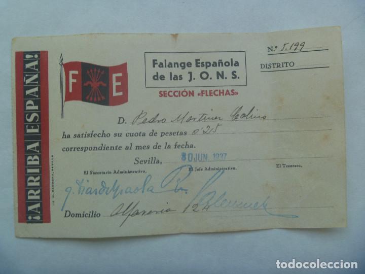 Military Antiques: GUERRA CIVIL - FALANGE : RECIBO CUOTA SECCION FLECHAS . SEVILLA, 1937