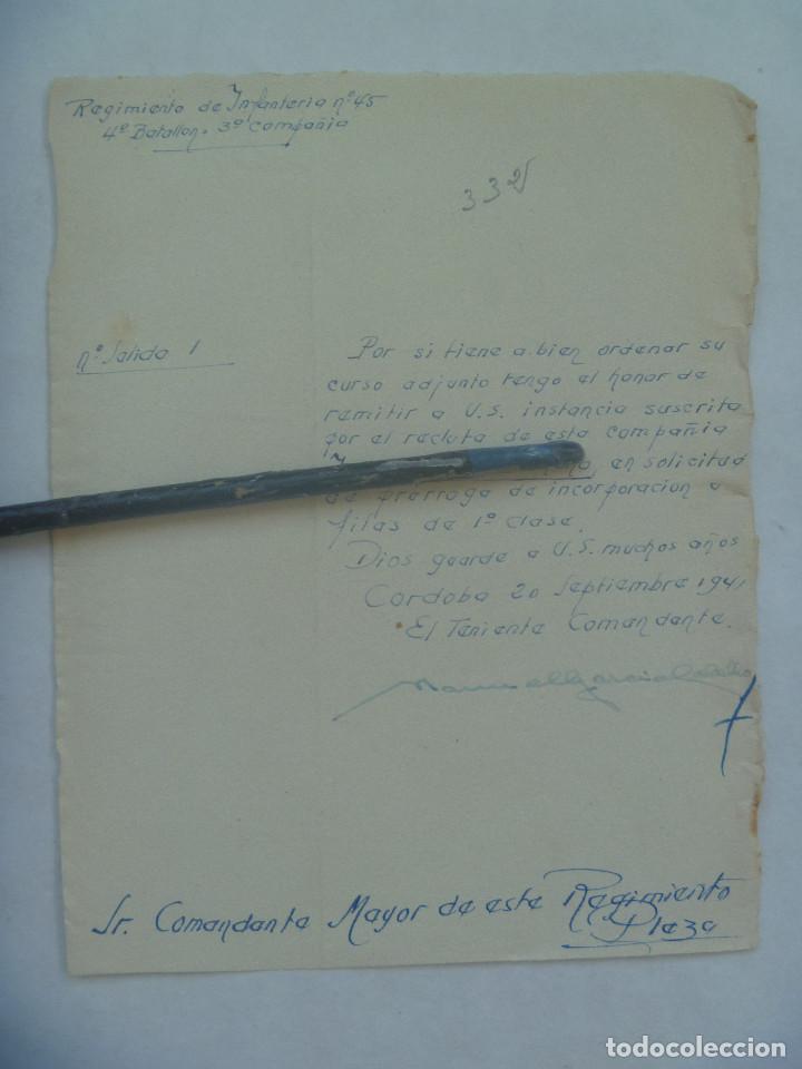 Military Antiques: CARTA RGTO. INFANTERIA N&ordm; 45 SOBRE PRORROGA DE INCORPORACION A FILAS. CORDOBA, 1940 . MANUSCRITO