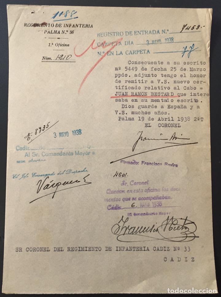 Militaria: 1938, PALMA DE MALLORCA, GUERRA CIVIL, DOCUMENTO DEL REGIMIENTO DE INFANTER&Iacute;A.