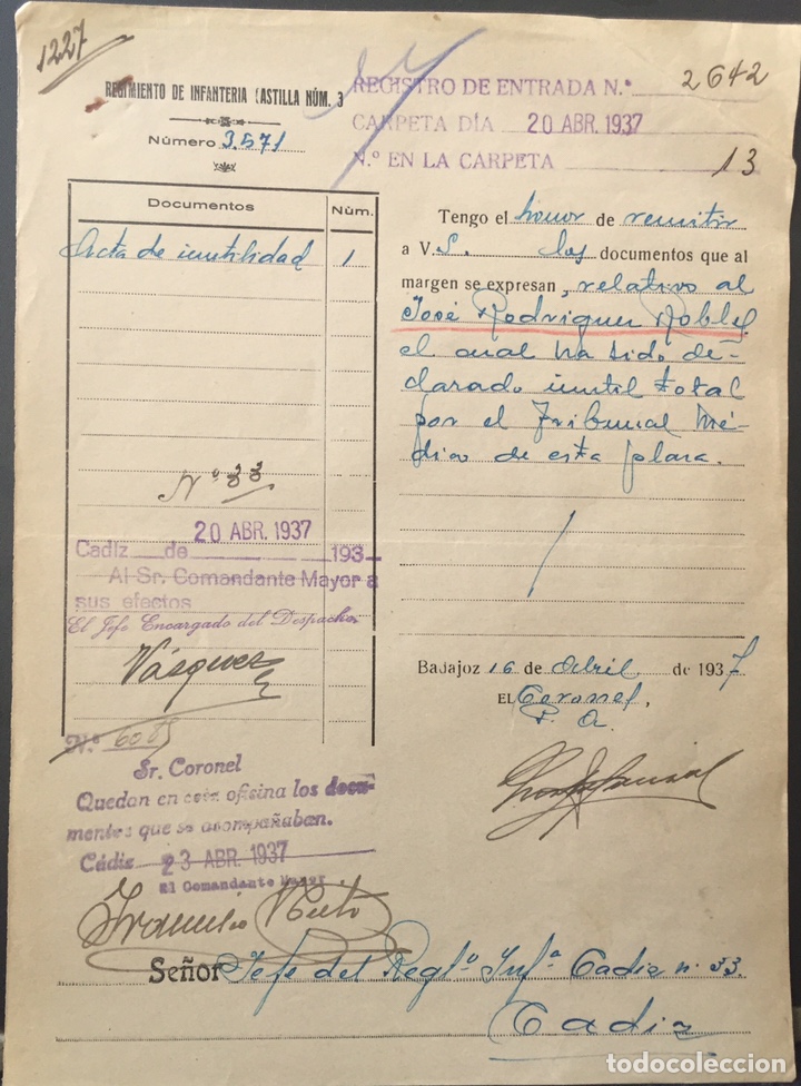 Military Antiques: 1937, BADAJOZ, GUERRA CIVIL, DOCUMENTO DEL REGIMIENTO DE INFANTER&Iacute;A CASTILLA N&Uacute;M. 3.