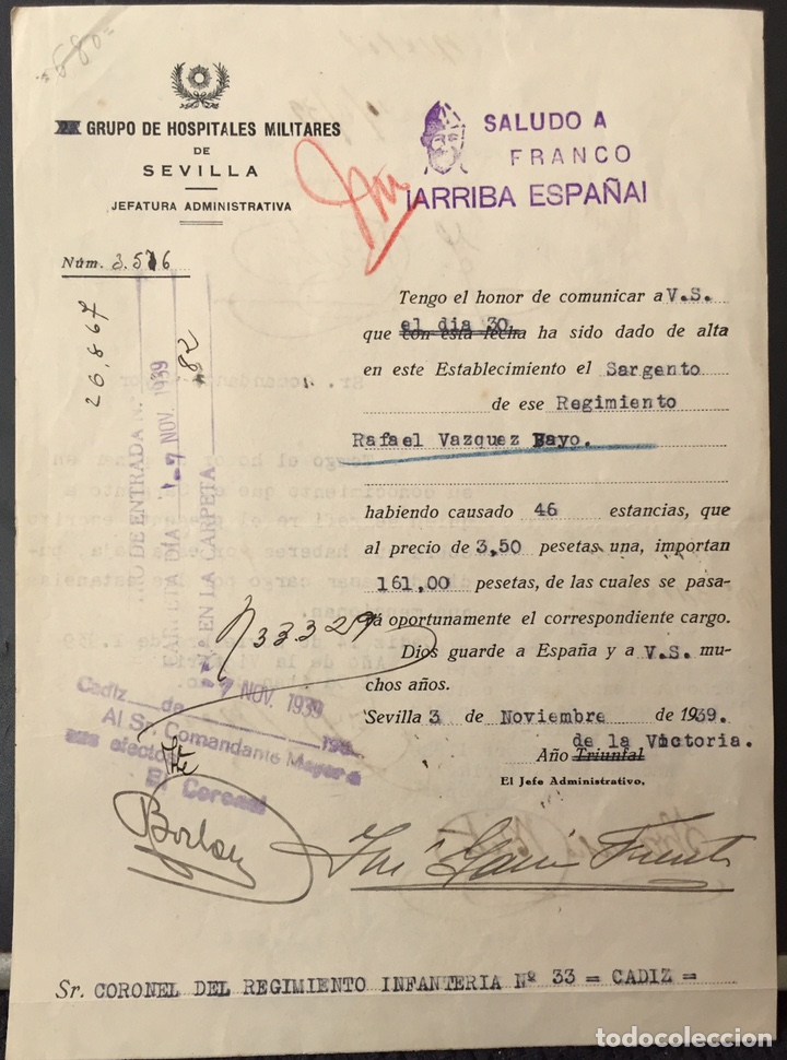 Military Antiques: 1939, SEVILLA. GUERRA CIVIL, DOCUMENTO DEL GRUPO DE HOSPITALES MILITARES.