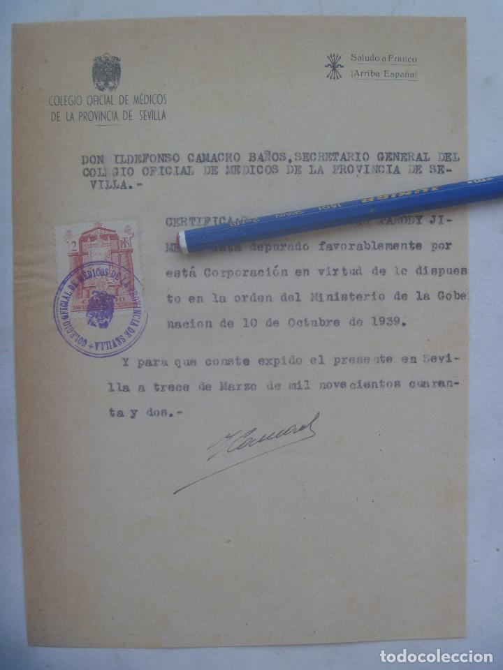 Military Antiques: POST GUERRA CIVIL - COLEGIO OFICIAL DE MEDICOS DE SEVILLA: CERTIFICADO DEPURACION , 1942 . VI&Ntilde;ETA