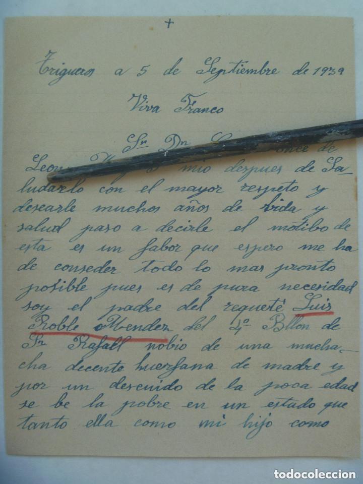 Military Antiques: GUERRA CIVIL : CARTA DE PADRE REQUETE DEL 4&ordm; BATALLON SOLICITANDO SU RETORNO. TRIGUEROS, 1939.
