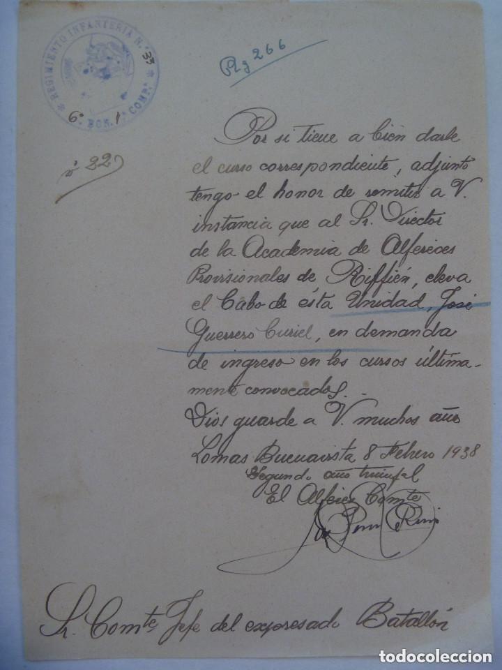 Military Antiques: GUERRA CIVIL : RECOMENDACION PARA ACADEMIA ALFERECES PROVICIONALES RIFFIEN. LOMAS BUENAVISTA, 1938.