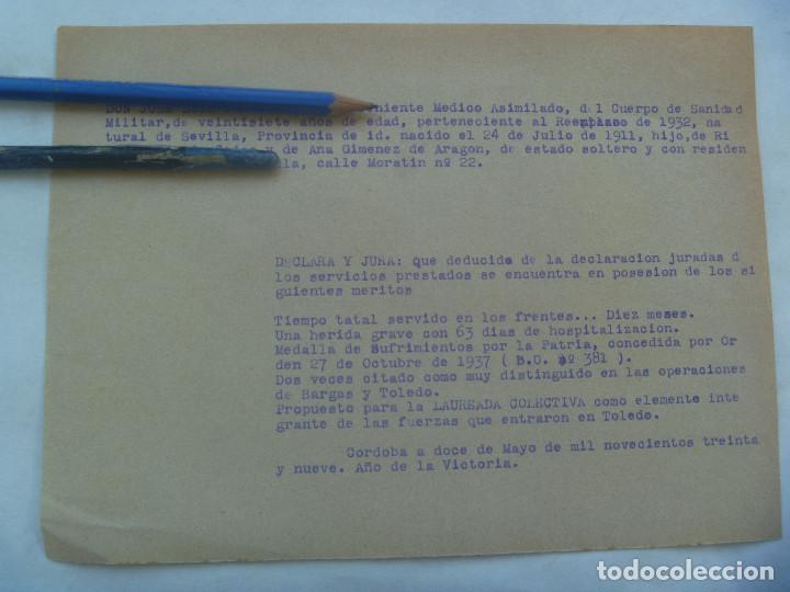 Militaria: GUERRA CIVIL: DECLARACION JURADA TENIENTE MEDICO, MEDALLA SUFRIMIENTO, ALCAZAR TOLEDO, ETC. CORDOBA