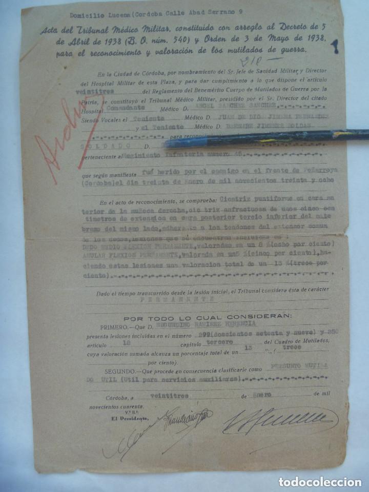 Military Antiques: GUERRA CIVIL - HOSPITAL MILITAR CORDOBA: ACTA MUTILADO COMBATIENTE HERIDO FRENTE PE&Ntilde;ARROYA , 1940.