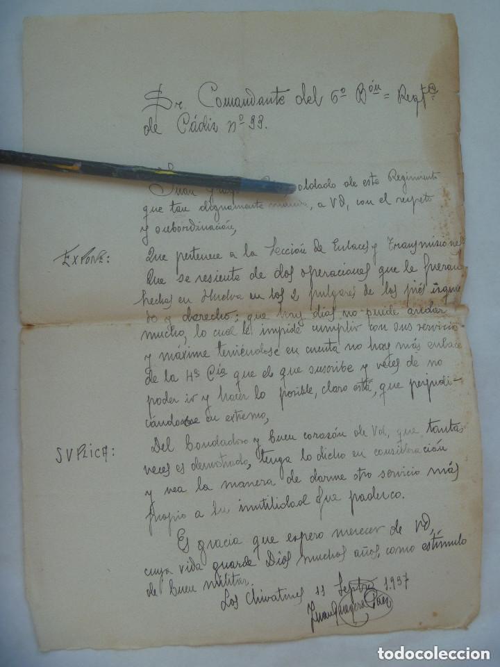 Military Antiques: GUERRA CIVIL - 6&ordm; BON. RGTO. INF. CADIZ: PETICION TRASLADO POR HERIDAS . LOS CHIVATINES,1937.