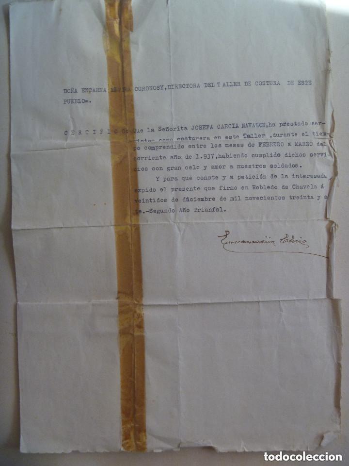 Military Antiques: GUERRA CIVIL: CERTIFICADO DE SERVICIO DE COSTURA PARA EL EJERCITO. ROBLEDO DE CHAVELA, 1937