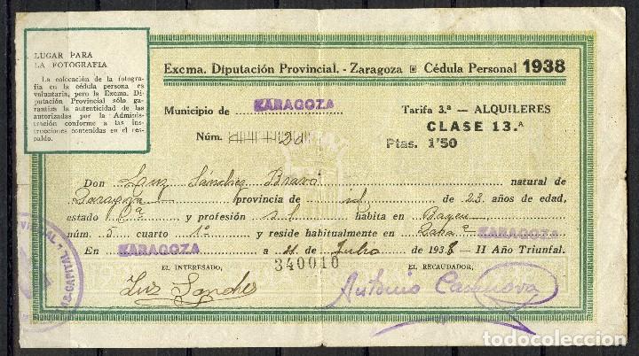 Militaria: GUERRA CIVIL, DOCUMENTO, C&Eacute;DULA PERSONAL, 1938, ALQUILERES, ZARAGOZA