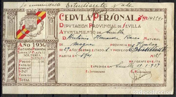 Militaria: GUERRA CIVIL, DOCUMENTO, C&Eacute;DULA PERSONAL, 1936, 1937, SEVILLA