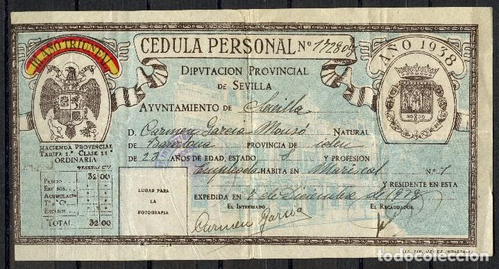 Militaria: GUERRA CIVIL, DOCUMENTO, C&Eacute;DULA PERSONAL, 1938, SEVILLA