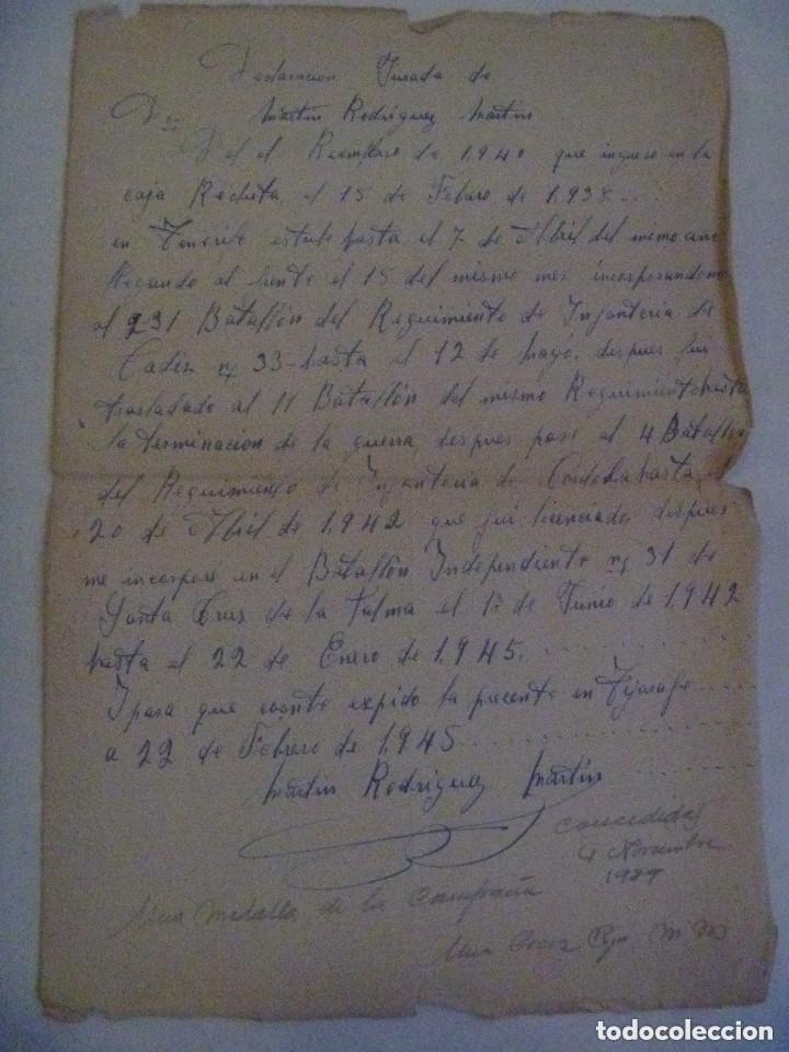 Militaria: GUERRA CIVIL: DECLARACION JURADA MILITAR DE TENERIFE, GUERRA EN EL R.INF. CADIZ 33. 1945. MANUSCRITO