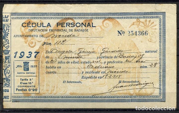 Militaria: GUERRA CIVIL, DOCUMENTO, C&Eacute;DULA PERSONAL, 1937, BADAJOZ