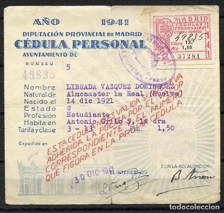 Militaria: POSGUERRA, DOCUMENTO, VI&Ntilde;ETA, C&Eacute;DULA PERSONAL, VALOR: 1,50 PTS, 1941, MADRID