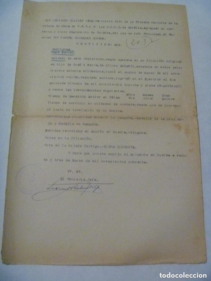 Militaria: GUERRA CIVIL - MILICIAS FALANGE SEVILLA: CERTIFICADO DE SERVICIO COMBATIENTE. HUELMA, 1940.