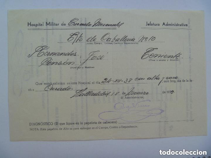 Militaria: GUERRA CIVIL - HOSPITAL MILITAR: CERTIFICADO DE ALTA DE TENIENTE DE CABALLERIA . VALLADOLID, 1939