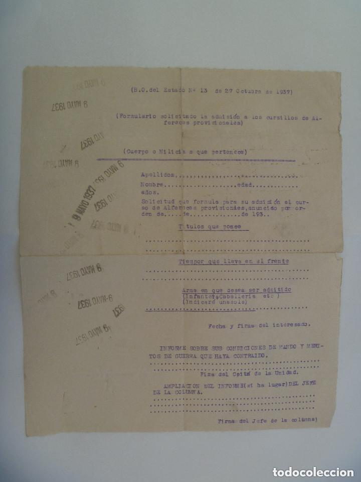 Militaria: GUERRA CIVIL : FORMULARIO SOLICITUD ADMISION A CURSOS DE ALFERECES PROVISIONALES , 1937