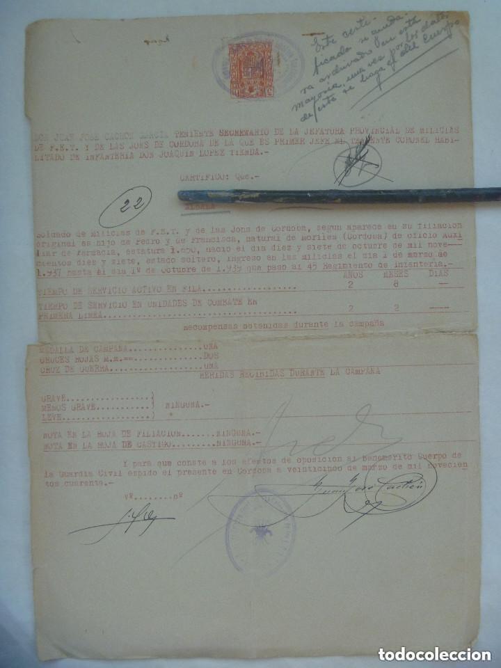 Militaria: GUERRA CIVIL - MILICIAS FALANGE CORDOBA: CERTIFICADO SERVICIOS COMBATIENTE DE MORILES. 1940. VI&Ntilde;ETA.
