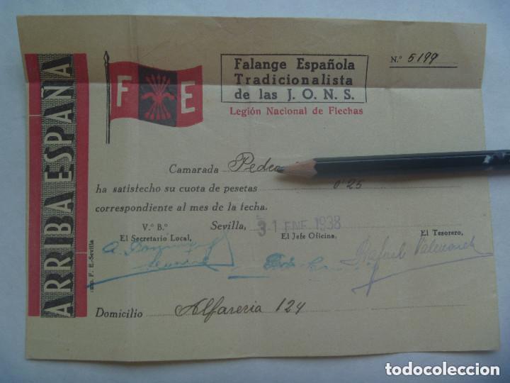 Militaria: GUERRA CIVIL - FALANGE : RECIBO CUOTA LEGION NACIONAL DE  FLECHAS . SEVILLA, 1938.
