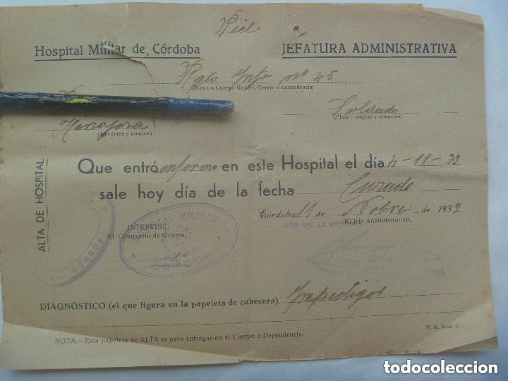 Militaria: POST GUERRA CIVIL - HOSPITAL MILITAR CORDOBA : ALTA DE MILITAR  ENFERMO . 1939