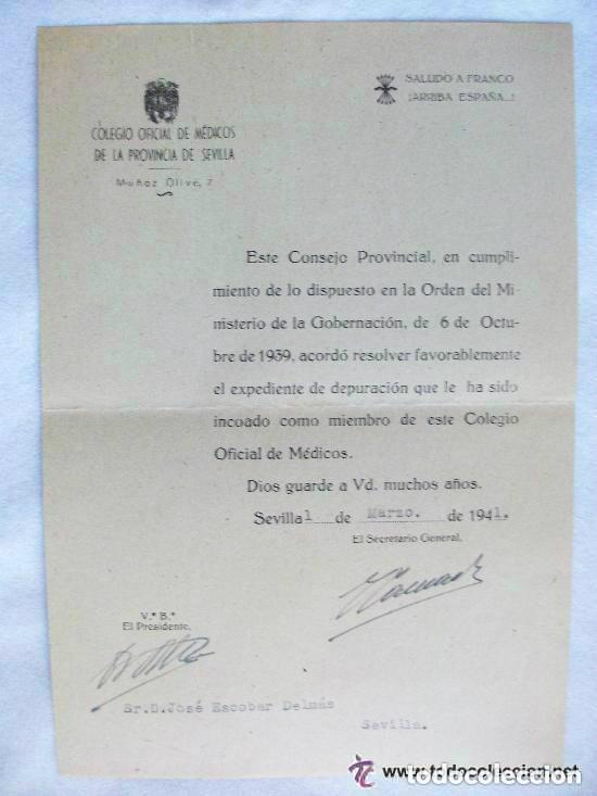 Militaria: GUERRA CIVIL : NOTIFICACION SOBRE EXPEDIENTE DE DEPURACION DE UN MEDICO . SEVILLA, 1941.