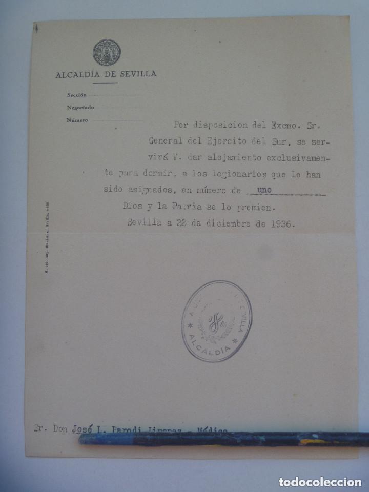 Militaria: GUERRA CIVIL- ALCALDIA SEVILLA - EJERCITO DEL SUR: ASIGNADO ALOJAMIENTO A LEGIONARIO. SEVILLA, 1936