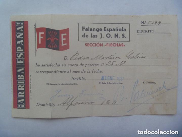 Militaria: GUERRA CIVIL - FALANGE : RECIBO CUOTA SECCION FLECHAS . SEVILLA, 1937