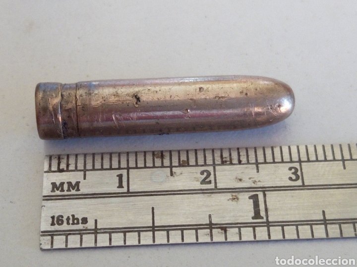 Militaria: Bonita y antigua bala de lat&oacute;n niquelado con interior de plomo calibre 6.5 mm carcano guerra civil