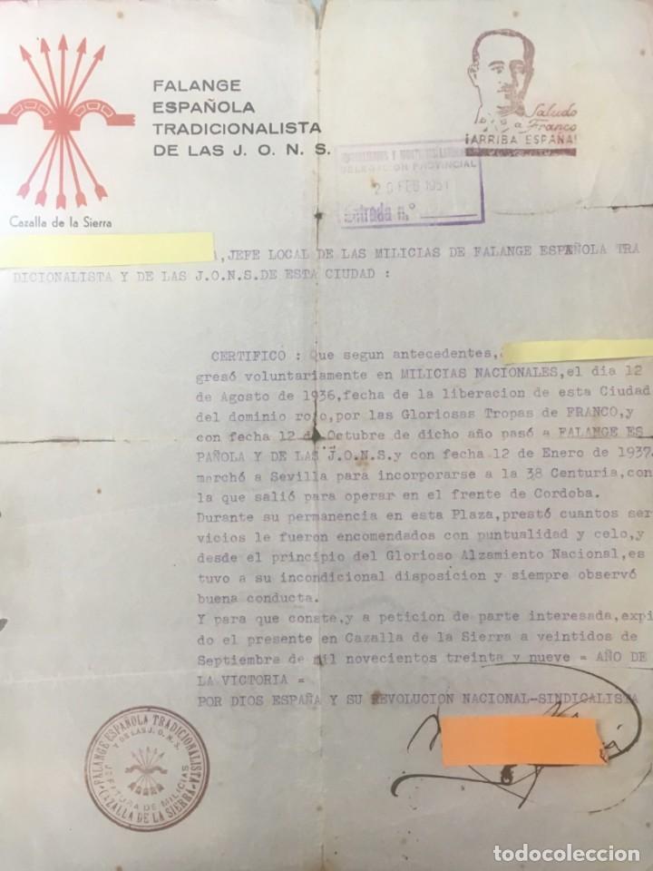 Militaria: Documento Falange espa&ntilde;ola certificando afiliaci&oacute;n A&ntilde;o 1939