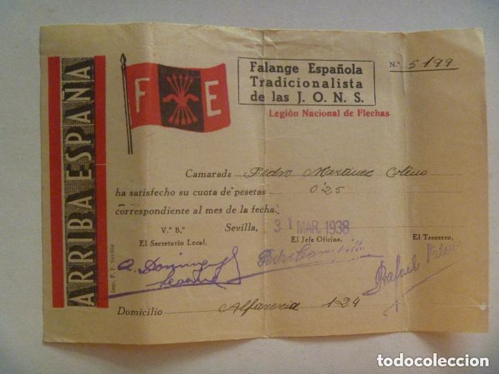 Militaria: GUERRA CIVIL - FALANGE : RECIBO CUOTA LEGION NACIONAL DE  FLECHAS . SEVILLA, 1938.