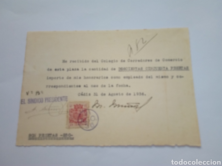 Militaria: Justificante de pago de 250 pesetas a&ntilde;o 1936