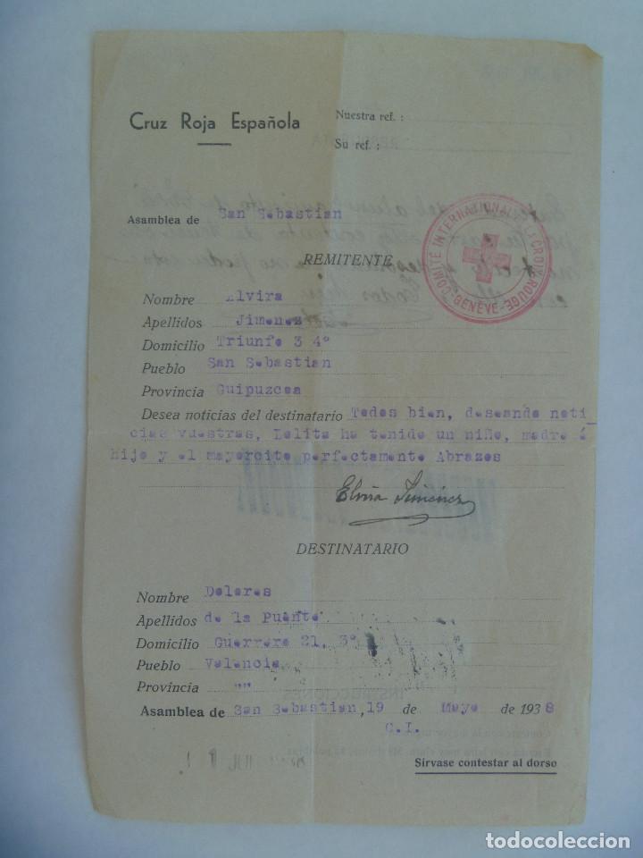 Militaria: GUERRA CIVIL - CRUZ ROJA : MENSAJE A TRAVES DE LA CRUZ ROJA DE SAN SEBASTIAN A VALENCIA. 1938. RARO