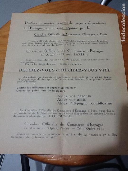 Militaria: Folleto con precios para env&iacute;o de alimentos desde Francia a Espa&ntilde;a republicana en Guerra civil