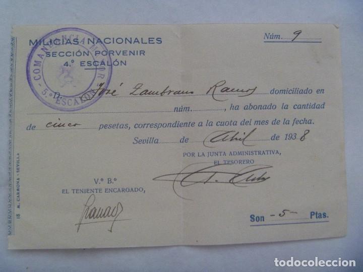 Militaria: GUERRA CIVIL - MILICIAS NACIONALES , 4&ordm; ESCALON SECCION PORVENIR: RECIBO CUOTA. SEVILLA, 1938