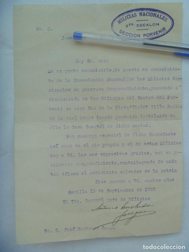 Militaria: GUERRA CIVIL - MILICIAS NACIONALES , 3&ordm; ESCALON SECCION PORVENIR: CARTA AGREDECIMIENTO, 1936