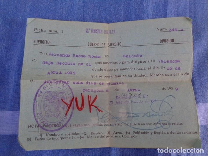 Militaria: permiso a un soldado para ir de zaragoza a valencia 8 dias de permiso - 6 de abril 1939