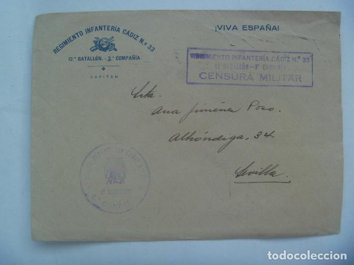 Militaria: GUERRA CIVIL - RGTO. INFANTERIA CADIZ N&ordm; 33: SOBRE CON MEMBRETE Y CENSURA MILITAR