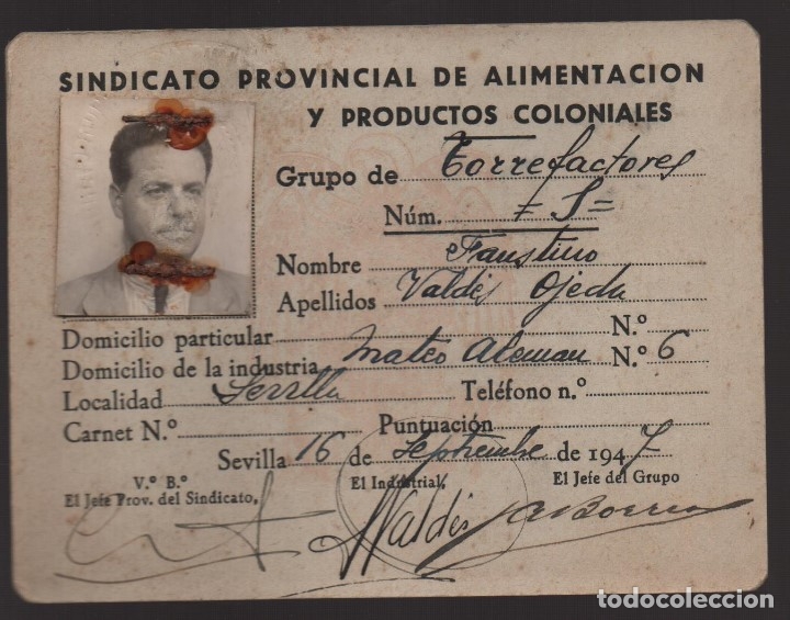 Military Antiques: SEVILLA- CARNET INDUSTRIAL, TIPO II- C.N.S.- Central Nacional Sindicalista. VER FOTOS