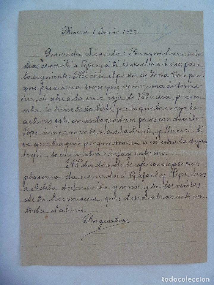 Militaria: GUERRA CIVIL : CARTA INDICANDO QUE ACUDAN A CRUZ ROJA DE VALENCIA PARA AVACUACION. ALMERIA, 1938