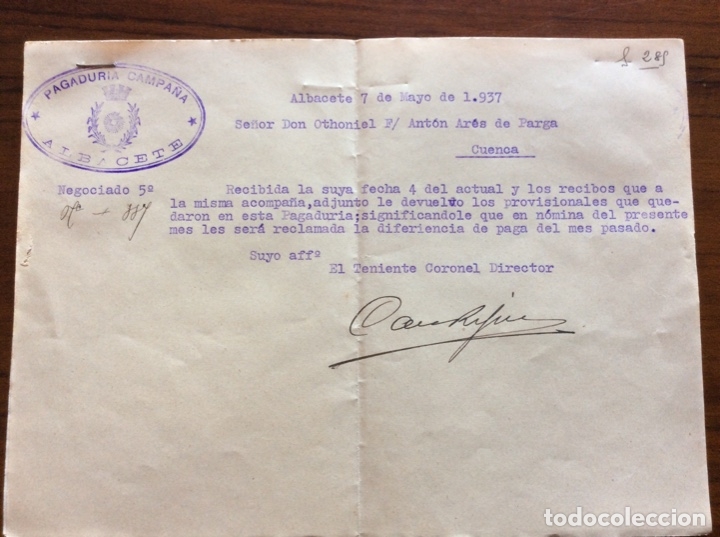 Military Antiques: 6 HOJAS PAGADURIA DE CAMPA&Ntilde;A. ALBACETE Y HOSPITAL DE SANIDAD MILITAR CUENCA. GUERRA CIVIL 1937.