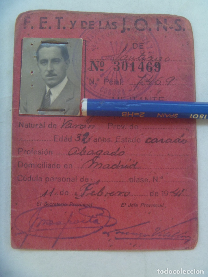 Militaria: POST GUERRA CIVIL - FALANGE : CARNET PROVISIONAL DE MILITANTE FALANGISTA. MADRID, 1941