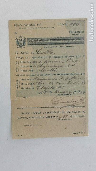Military Antiques: GUERRA CIVIL : RECIBO GIRO DE PAGA DE MILITAR , ESTAFETA N 95, 1938