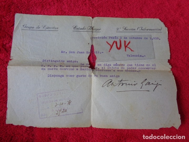 Military Antiques: HOJA DESDE LA POSICION PEKIN FIRMADA POR EL TENIENTE CORONEL DEL ESTADO MAYOR ANTONIO GARIJO 1938