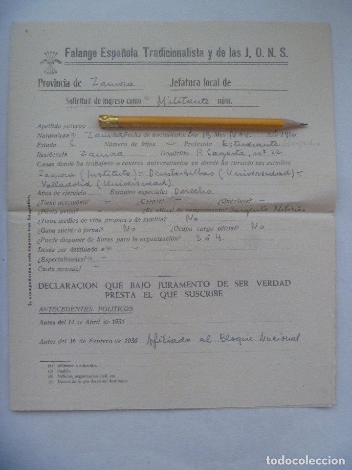 Militaria: GUERRA CIVIL- FALANGE: SOLICITUD INGRESO MILITANTE EX COMBATIENTE RENOVACION ESPA&Ntilde;OLA. ZAMORA, 1939
