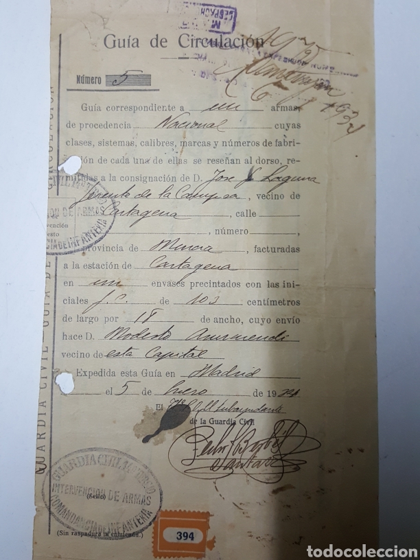 Militaria: Licencia de armas Guardia Civil Cartagena a&ntilde;o 1934