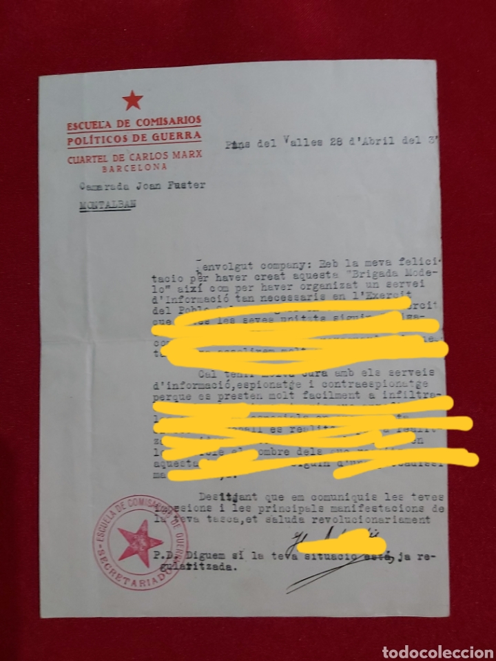 CARTA DE HILARIO ARLANDIS A JOAN FUSTER PERIS CUARTEL DE CARLOS MARX PINS DEL VALLÉS SANT CUGAT (Militar - Guerra Civil Española)