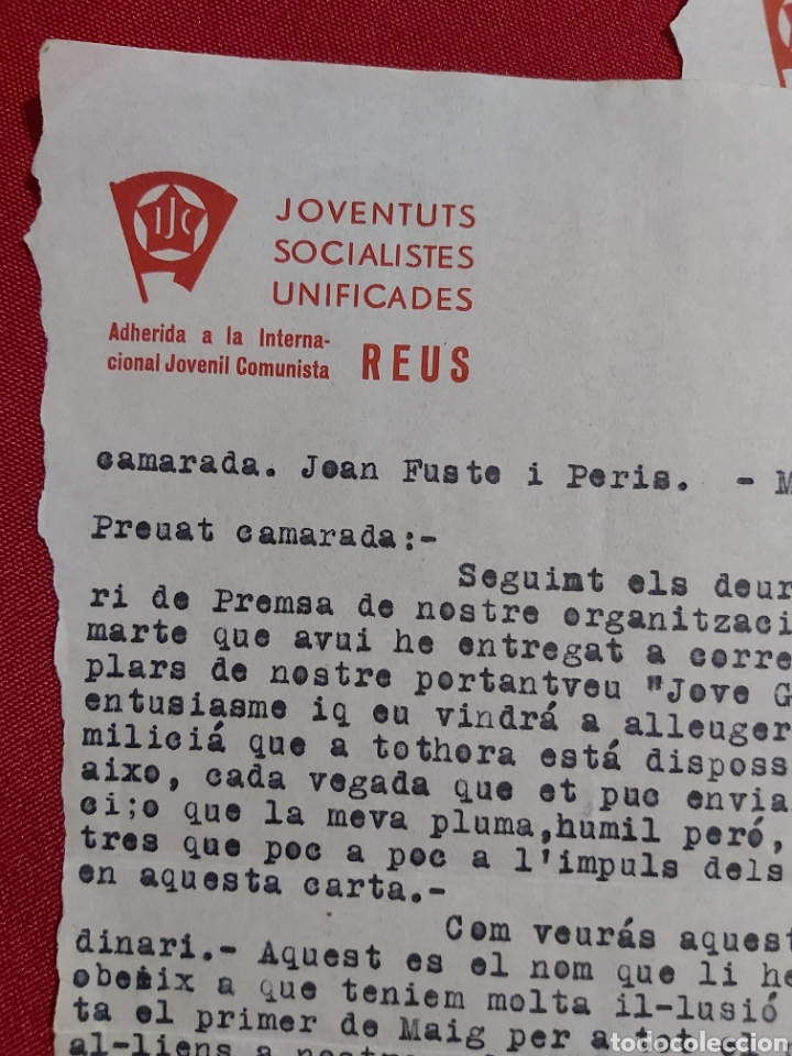 Militaria: CARTA JUVENTUDES SOCIALISTAS UNIFICADAS INTERNACIONAL JUVENIL COMUNISTA REUS. JOVEN GUARDIA